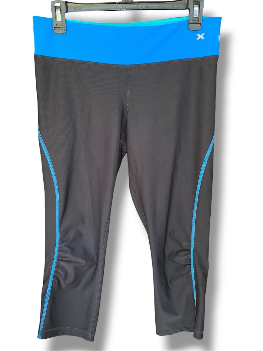 Xersion Black Capri Leggings with Bright Blue Waistband and Piping
